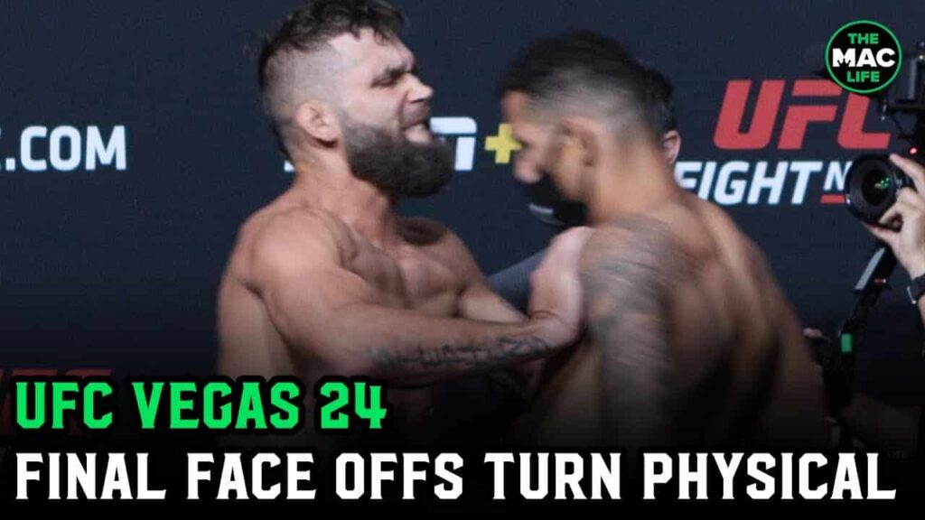 Jeremy Stephens shoves Drakkar Klose across stage as UFC Vegas 24 Final Face Offs turn physical