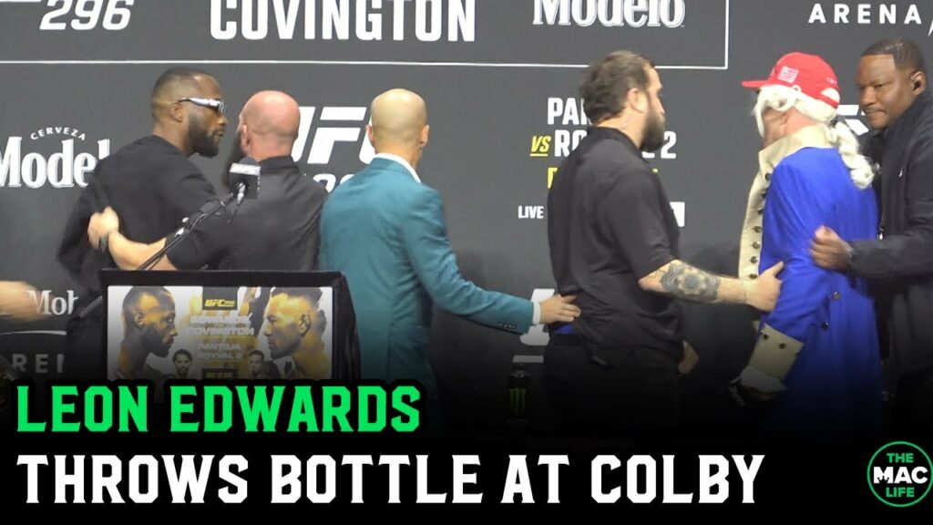 Leon Edwards throws bottle at Colby Covington after late dad joke | UFC 296 press conference